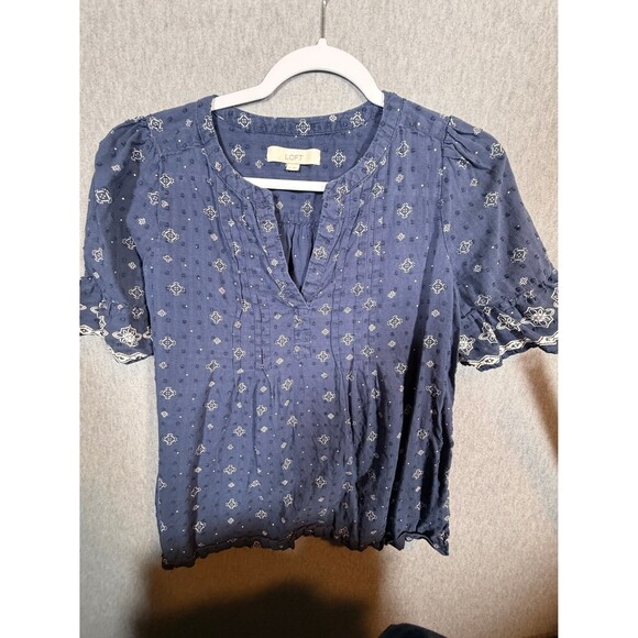 LOFT Tops - LOFT Women's Blue Embroidered Pintuck V-Neck Blouse Top Size S Small Ruffle